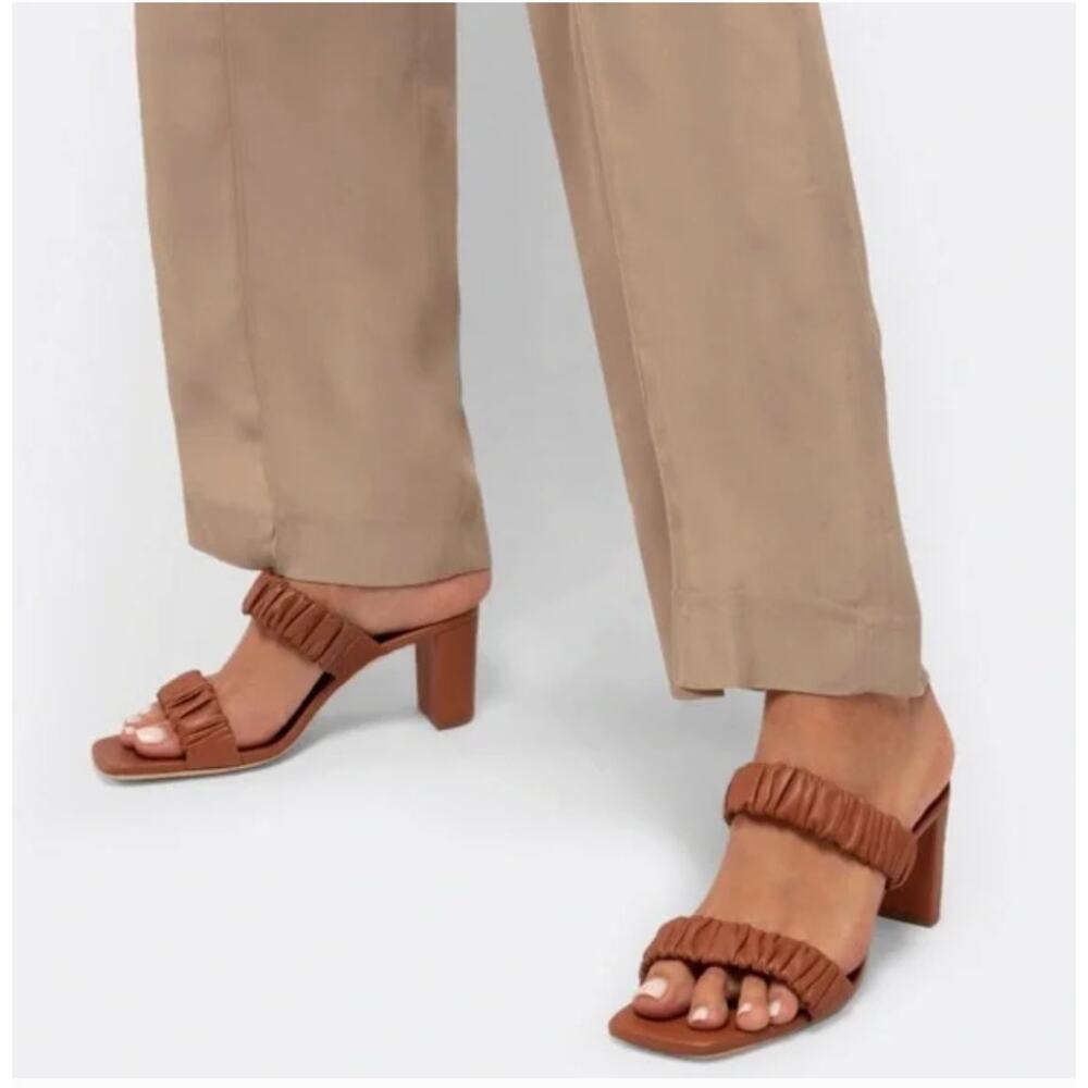 Staud‎ Frankie Ruched Leather Sandals Heels Brown Tan Size 42 US 12